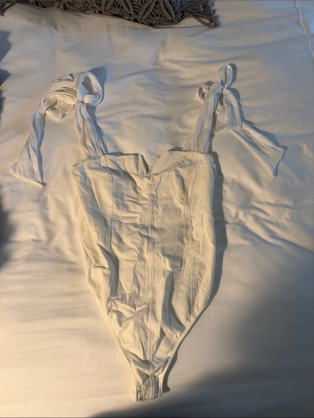 White Tie-Shoulder Bodysuit with Sweetheart Neck